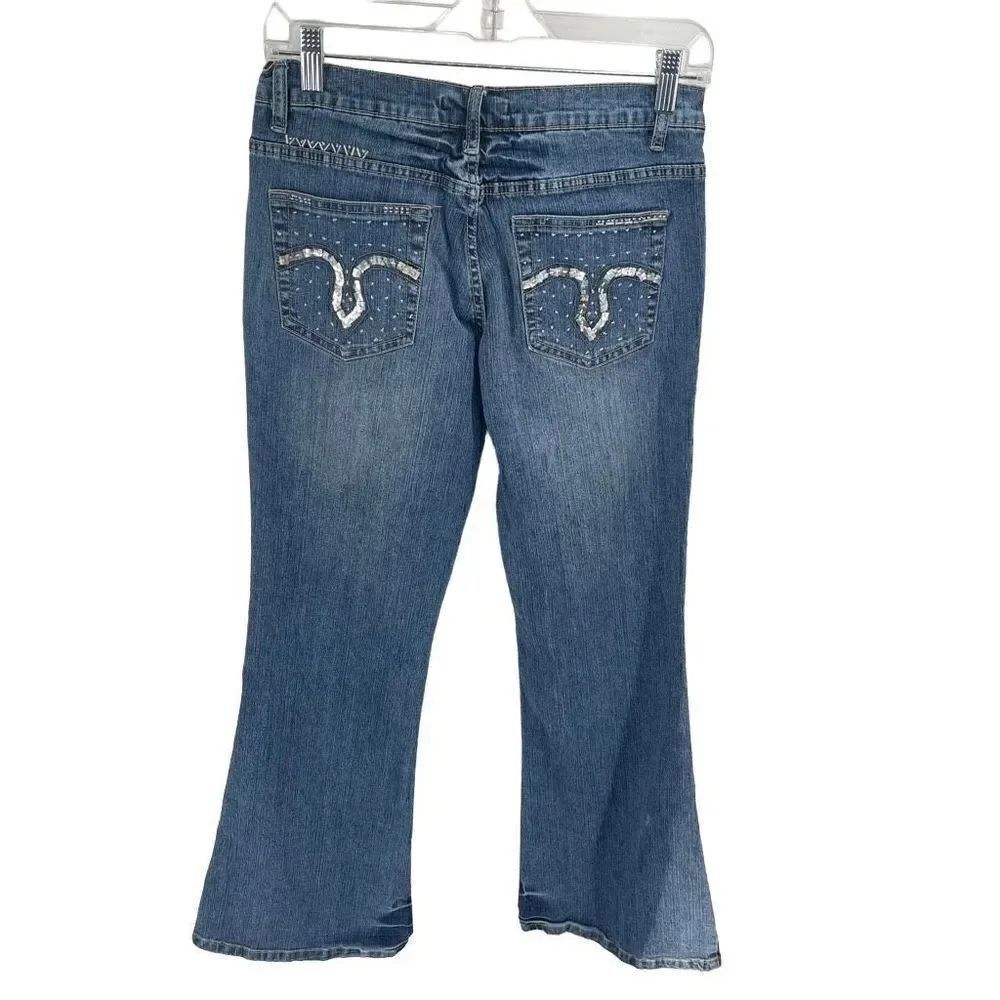 Vanilla star Women's Bootcut Jeans Beaded Pocket Mid Rise Denim Medium Wash Size - Picture 4 of 12